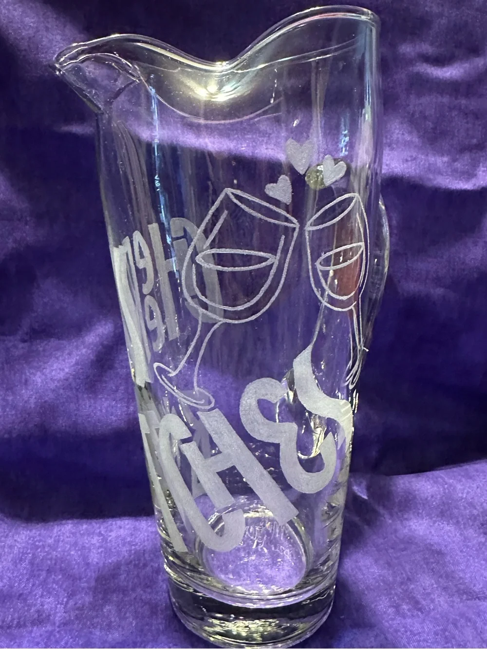 Etched Glass Wine Pitcher with Cheers Design